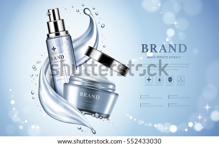 Moisturizing cosmetic products ad, light blue bokeh background with beautiful containers and watery texture in 3d illustration
