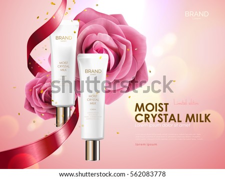 Romantic cosmetic ads, skin care set with ribbon and roses isolated on pink bokeh background, holiday limited edition in 3d illustration