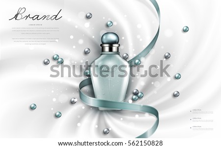 Attractive perfume or cosmetic ads, glossy glass bottle with turquoise ribbons and pearls isolated on smooth cloth background, 3d illustration