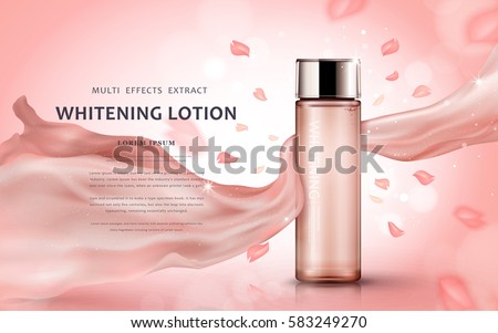 Whitening lotion ads, floral lotion cosmetic bottle with petals and silk texture in pink background, 3d illustration
