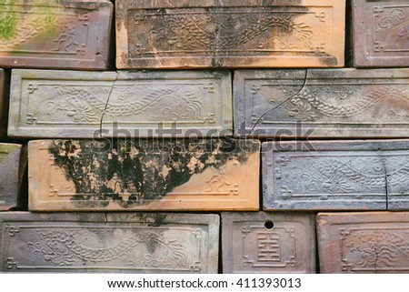 Nice textures from old ceramic pots which are used as decorative walls in the ancient pottery village of Phu Lang, Bac Ninh province, Vietnam.