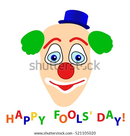 Smiling clown's head with green curly hair, blue head and color hopping letters phrase "Happy fools' day" card, vector illustration of jester