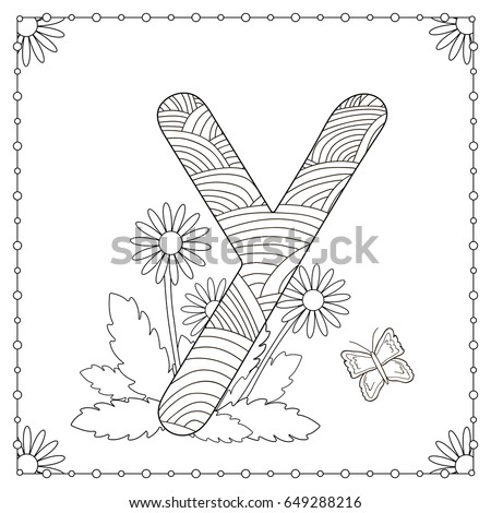 Alphabet Coloring Page Capital Letter Y With Flowers Leaves And Butterfly