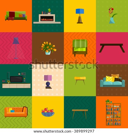 vector illustration,modern home furniture in living room interior design, house indoor wall decorated with sofa, lamp, table