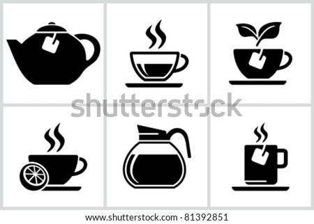 Vector black tea icons set. All white areas are cut away from icons and black areas merged.