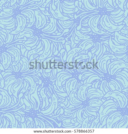 Romantic seamless blue pattern with hand-drawn doodle flowers. Can be used for backgrounds, wrapping paper, package, textile, wedding invitation or cards for Valentine's Day. Vector illustration.