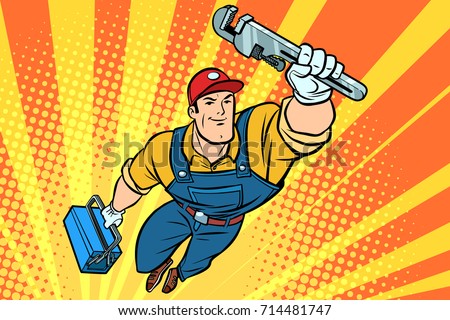 Male superhero plumber with a wrench