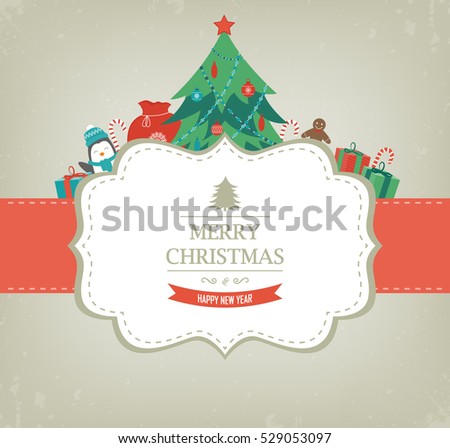 Christmas card with Christmas Tree and Gifts. Vector illustration