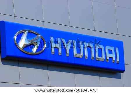 Samara, Russia - August 30, 2016. a sign with the logo and the inscription automaker HYUNDAI on the building of a specialized auto center
