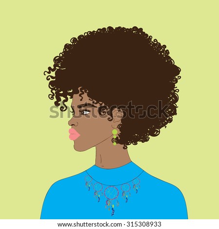 Beautiful African American woman with curly hair and earring, necklace with dream catchers. Vector.