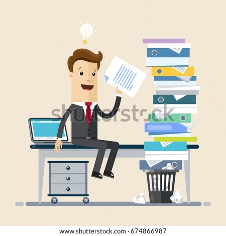 Businessman sitting at office desk in office. Stack of folders with documents is on the table. Business and finance concept. Vector, illustration, flat