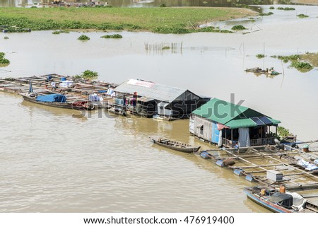 DONG NAI - VIETNAM: May 20, 2016: Group of floating house on La Nga river, Dong Nai, Vietnam.
