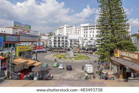 DA LAT, VIETNAM - MAY 15, 2016: Hoa Binh area and center traffic Landmark and street food at Da Lat city, Da Lat is one of the beautiful city in Viet Nam