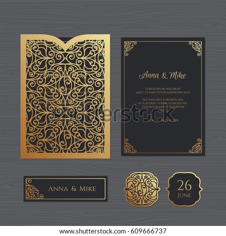 Wedding invitation or greeting card with vintage ornament. Paper lace envelope template. Wedding invitation envelope mock-up for laser cutting. Vector illustration.
