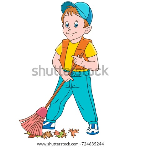 Cartoon street cleaner (sweeper) sweeping out autumn leaves. Colorful book page design for kids and children.