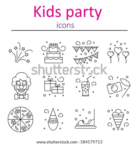 Attributes accessories drinks entertainment venue for children's holiday. Set of icons of kids party. Vector illustration.
