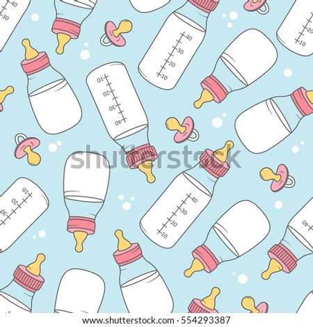 A lot of baby bottles, colorful seamless pattern, hand drawn icons. Background with baby foods. Decorative wallpaper, good for printing