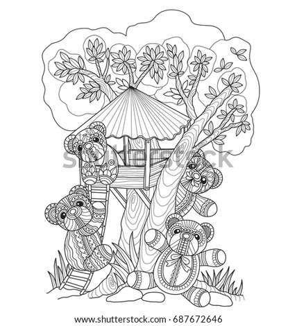 Teddy Bears Tree House Zentangle Stylized Stock Vector 687672646