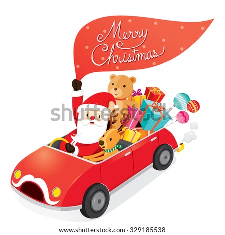 Santa Claus Driving Car With Reindeer, Merry Christmas, Xmas, Happy New Year, Objects, Animals, Festive, Celebrations