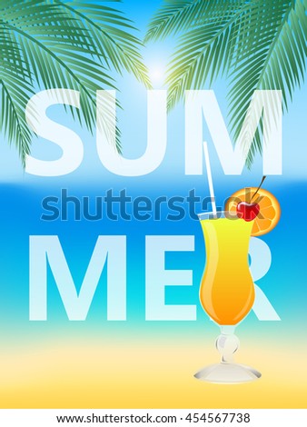 Cocktail. Summer tropical cocktail poster with palm leaves.