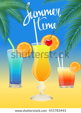 Cocktails. Summer tropical coctail poster with palm leaves.