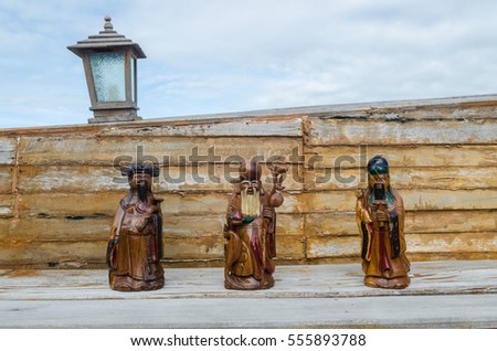Wood Statue of Chinese Gods, of Fortune (Fu,Hok), of Prosperity (Lu,Lok), and of Longevity (Shou,Siu), Select Focus. (Public)