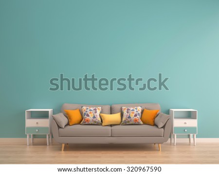 green mint wall with sofa & sideboard on wood floor-interior