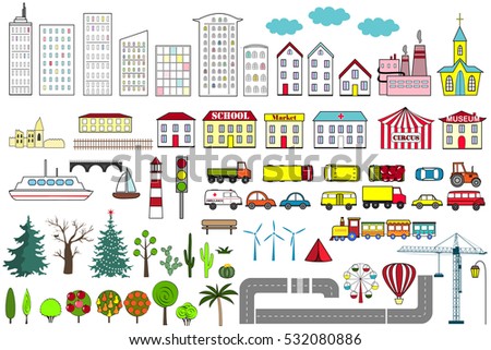 Set Cartoon City Map Elements Vector Stock Vector 532080886 - Shutterstock