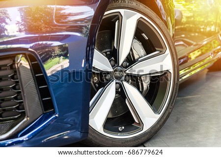 TORINO - JUN 10, 2017: Showroom. Close up of a blue Audi RS5 in a showroom