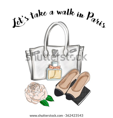 watercolor illustration - Fashion Illustration - Hand drawn raster background - designer bag and flat shoes