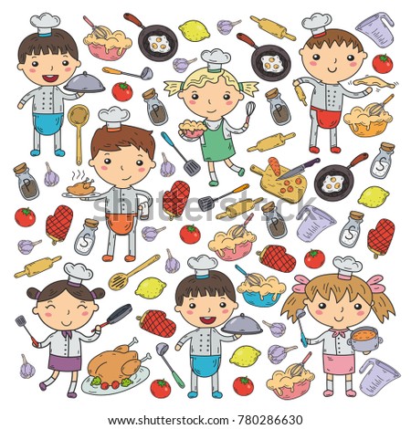 Cute Kids Chef On White Background Children Cooking Kitchen Lessons Cute Kids Chef On White Background Children Cooking Kitchen Lessons