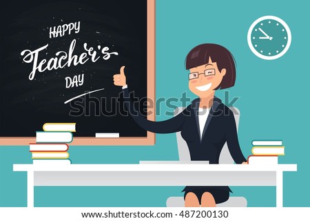 Happy Teacher's Day. A kind teacher smiling and sitting at her desk showing thumb up. Vector illustration