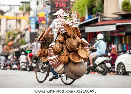 Hanoi, vietnam : Street vendors in Hanoi's Old Quarter on Aug 30 2015, He's sell souvernir made from bamboo, this is Vietnam's culture