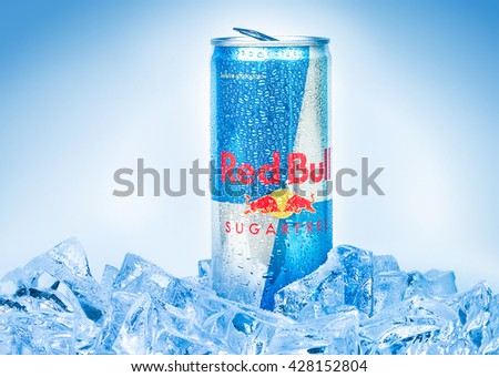 TRIESTE, ITALY-MAY 29, 2016: Aluminium can of Red Bull Energy drink on ice.Isolated on white Background.Red Bull is the most popular energy drink in the world, with 5,226 billion cans sold in 2012.