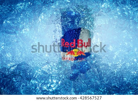 TRIESTE, ITALY-MAY 29, 2016: Aluminium can of Red Bull Energy drink iced Background.Red Bull is the most popular energy drink in the world, with 5,226 billion cans sold in 2012.