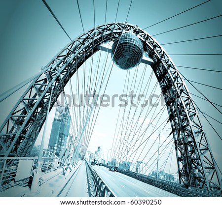 Vivid red suspension bridge