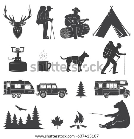 Set of Camping icons isolated on the white background. Vector illustration. Set include rv trailer, camping tent, man with guitar, dog, bear and forest silhouette.