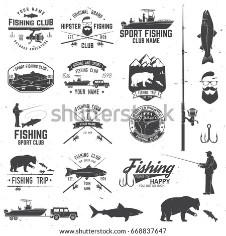 Fishing club with design elements. Vector illustration. Concept for shirt or logo, print, stamp or tee. Vintage typography design with fish rod silhouette, fishing boat and fisher.