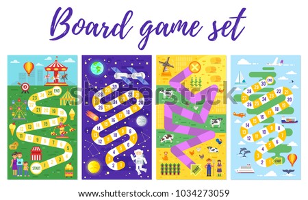 Vector Flat Style Set Of Kids Colorful Boardgame Template Amusement Park Space Farm Vector Flat Style Set Of Kids Colorful Boardgame Template Amusement Park Space Farm
