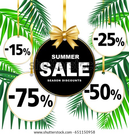 Summer sale season discounts banner with paper badges and palm leaves. Shop market poster design. Vector illustration.