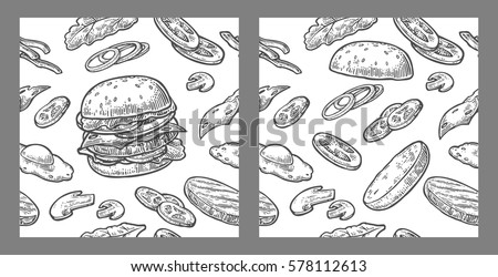 Seamless pattern burger and ingredients include cutlet, tomato, cucumber and salad. Vector vintage black engraving illustration for poster, menu, banner, info graphic. Isolated on white background.