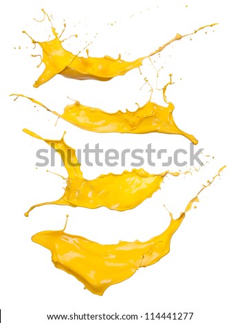 Shot of yellow paint splashes, isolated on white background