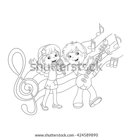 coloring page outline of cartoon boy and girl singing a song with a guitar with melody