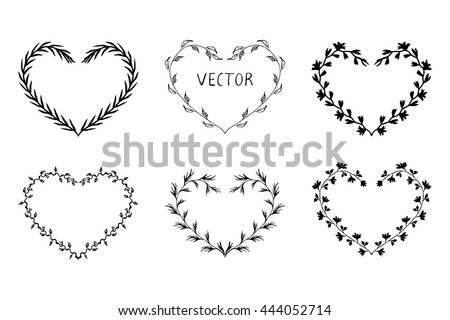 Set of heart-shaped vector frames. Hand-drawn ink illustration in floral style. Eps8.