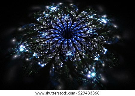 Abstract glowing blue flower on black background. Digital fractal art. 3D rendering.
