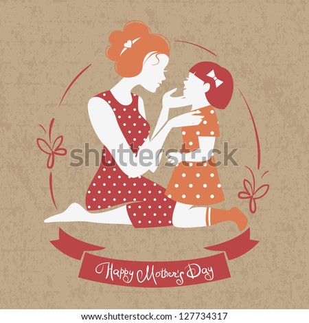 Card of Happy Mother's Day. Beautiful mother silhouette with her daughter
