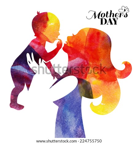 Watercolor mother silhouette with her baby. Card of Happy Mothers Day. Vector illustration with beautiful woman and child