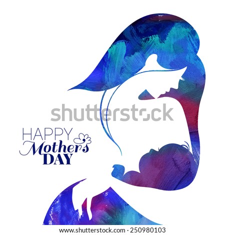 Acrylic painting mother silhouette with her baby. Card of Happy Mothers Day. Vector illustration with beautiful woman and child