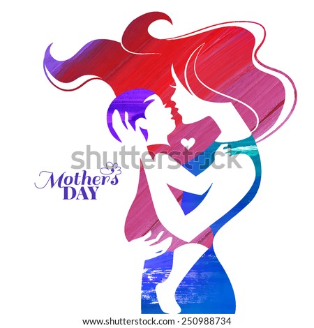 Acrylic painting mother silhouette with her baby. Card of Happy Mothers Day. Vector illustration with beautiful woman and child
