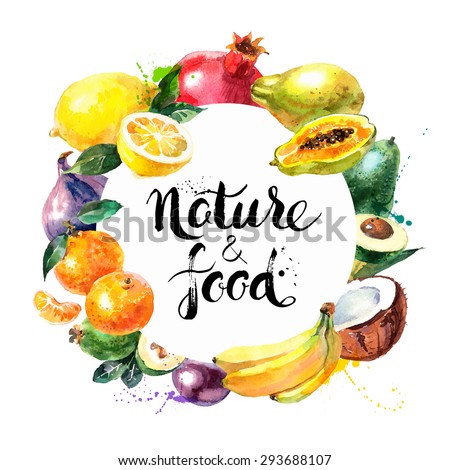 Eco food menu background. Watercolor hand drawn fruits. Vector illustration